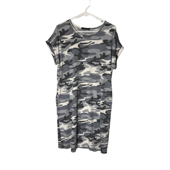 Dresses & Skirts - Womens Camouflage T Shirt Dress Midi Casual Short Sleeve Gray White Black Size L